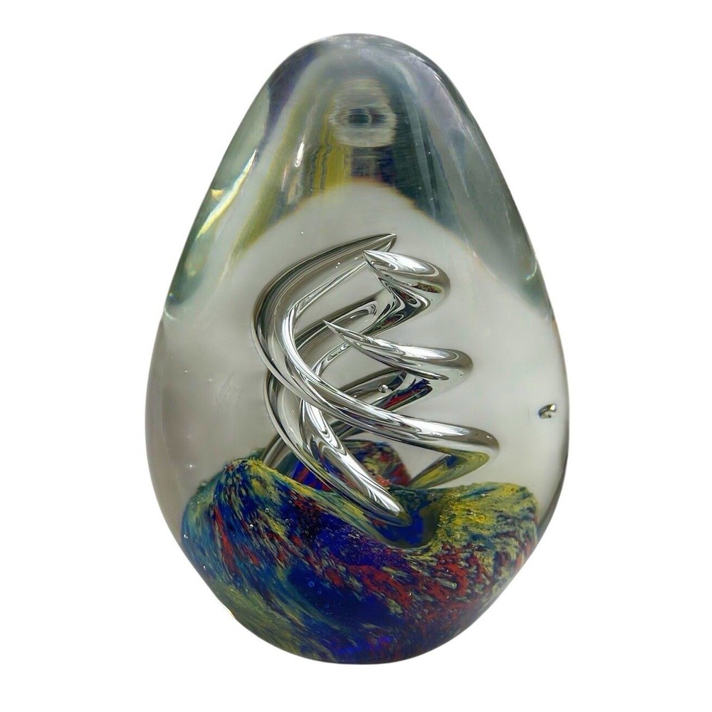 MCM Glass Paperweight Sculpture Murano Style Egg Shaped Blue Swirls and Clear